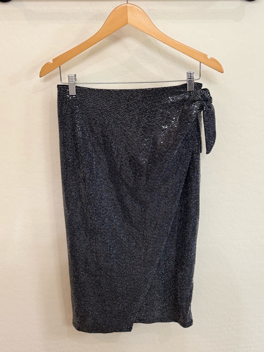 AllSaints Allegra Shimmer Wrap Skirt Black Metallic Side Tie Size 10